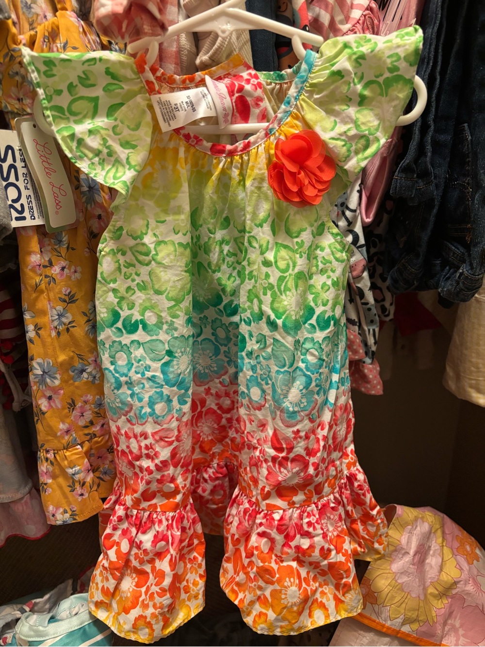 Bonnie Jean Multicolor Floral Ruffled Baby Dress with Orange Flower